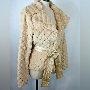 Vintage rabbit fur rhinestone crystal embellished Cachè jacket 100% silk belt.
